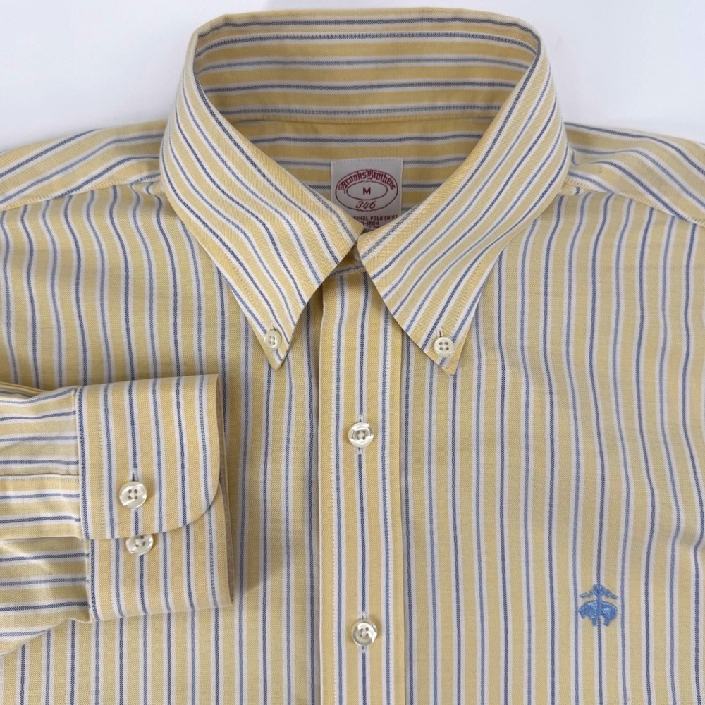 Brooks Brothers 346 Mens Yellow Blue Striped Non-Iron Supima Cotton Shirt M